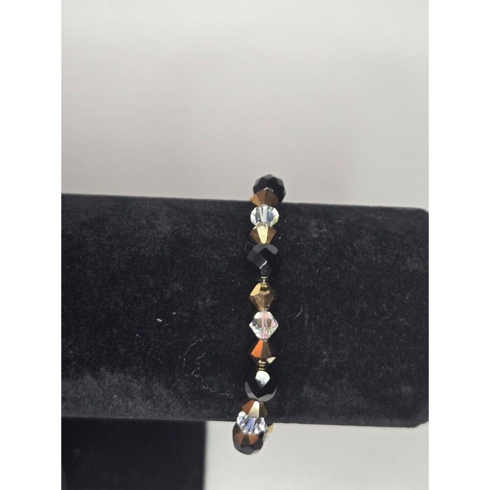 Sparkly Beaded Bracelet Bronze Black Clear Gold Tone Toggle Clasp